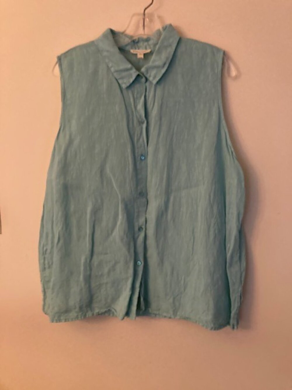 Eileen Fisher Organic Linen Aqua Collared Blouse Size XL